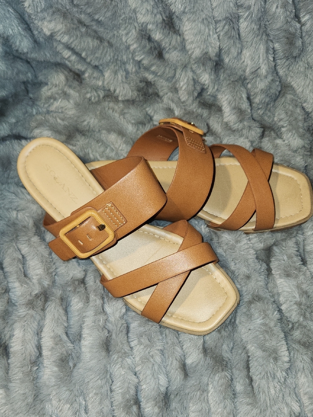 Tan Leather Slide Sandals with Buckle